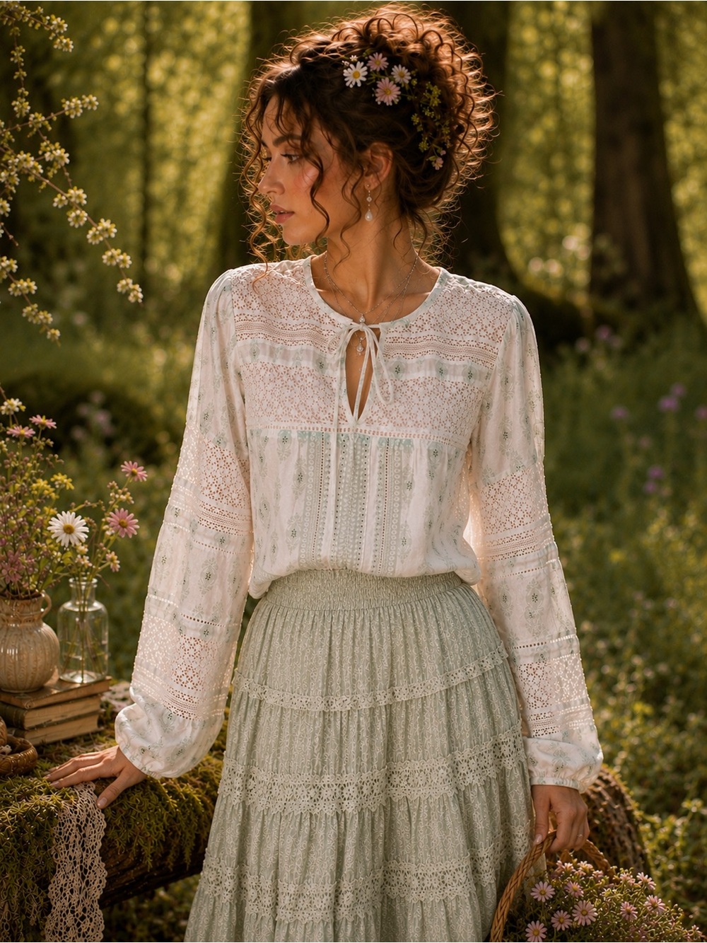 Lucky Brand Lace-Inset Cottagecore Poet Blouse | Fairycore Boho Romantic Top